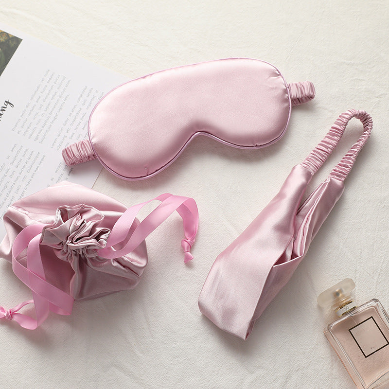 Three-piece Silk Feel Eye Mask Set with Hairband and Cloth Bag