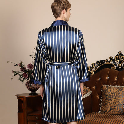 Men's Striped Long-Sleeved Silk-feel Robe