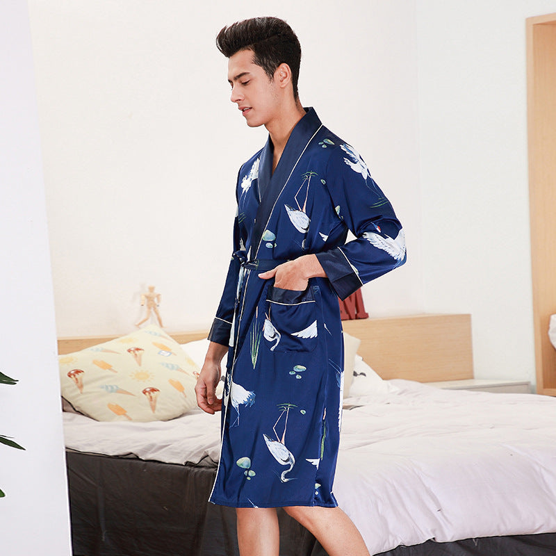 Long-Sleeved Men's Silk-feel Robe