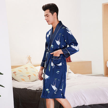 Long-Sleeved Men's Silk-feel Robe