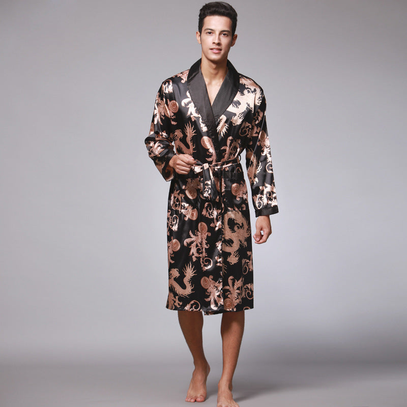 Men's Dragon Print Silk Robe
