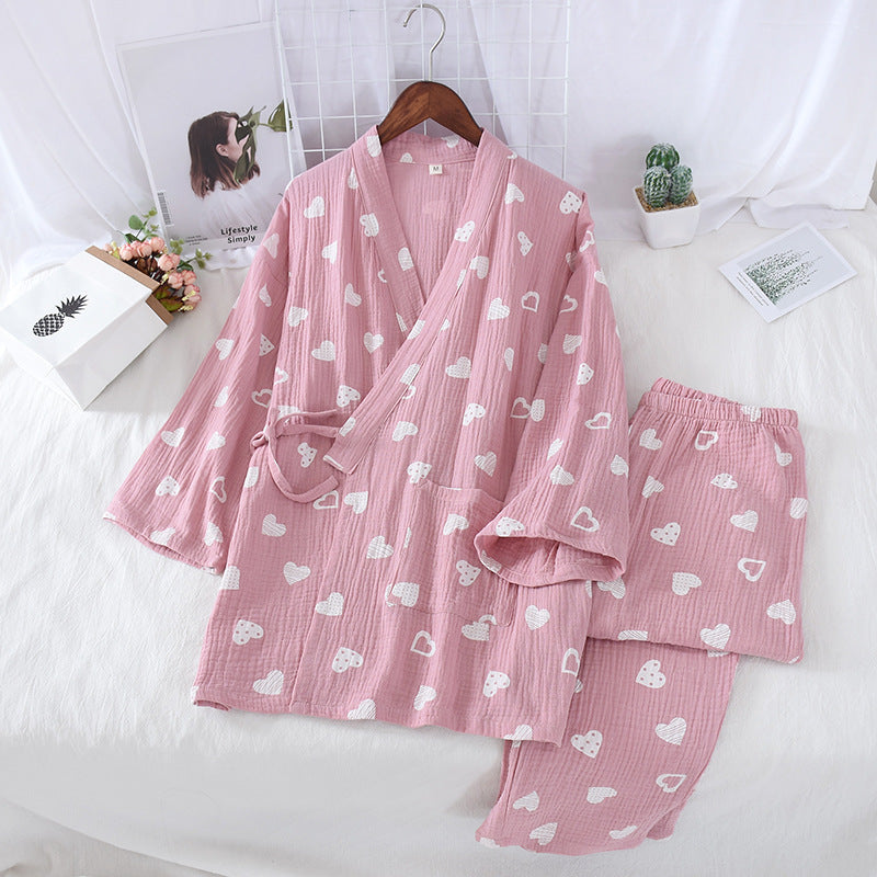 Cotton Long-sleeve Kimono Trouser Set