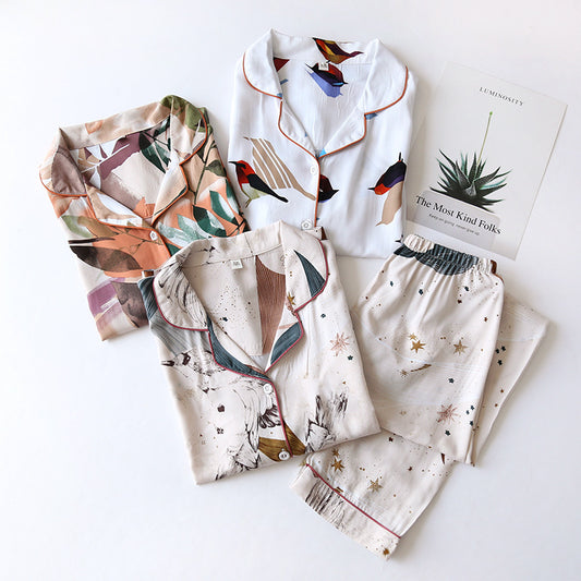 Bold Print Long-Sleeve Faux Silk Pyjamas