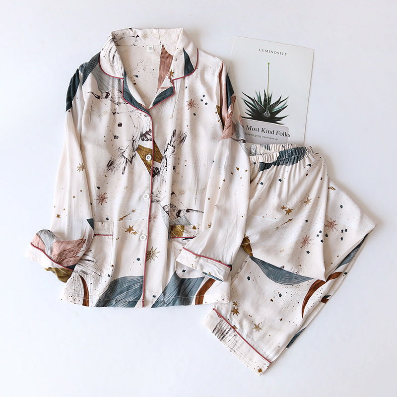 Bold Print Long-Sleeve Faux Silk Pyjamas