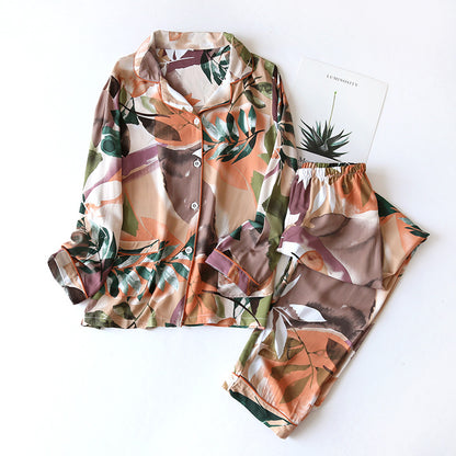 Bold Print Long-Sleeve Faux Silk Pyjamas