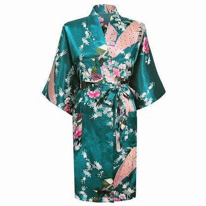 Oriental Flower Print faux Silk Kimono