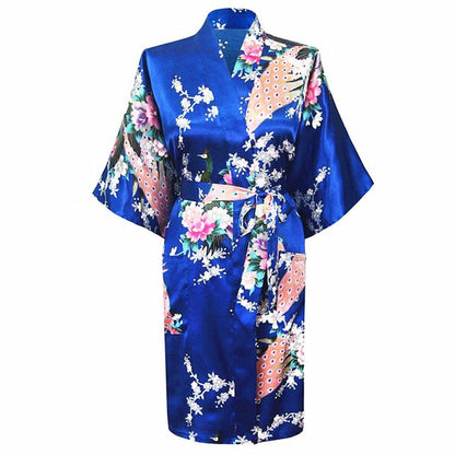 Oriental Flower Print faux Silk Kimono