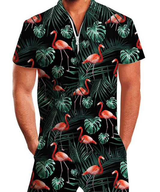 Hawaiian Flamingo Patterned Short-sleeve Summer Jumpsuit