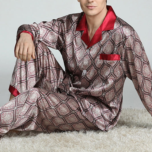 Men's Printed Retro Pattern Silk-feel Set