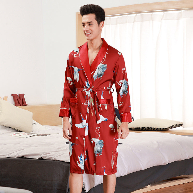Long-Sleeved Men's Silk-feel Robe