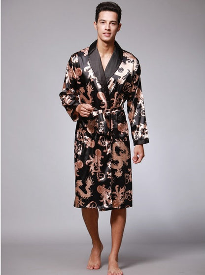 Men's Dragon Print Silk Robe
