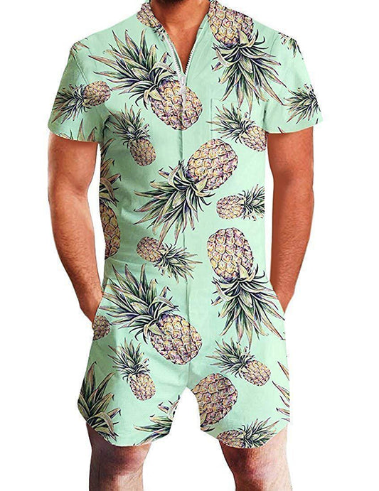 Hawaiian Pineapple Patterned Short-sleeve Summer Jumpsuit