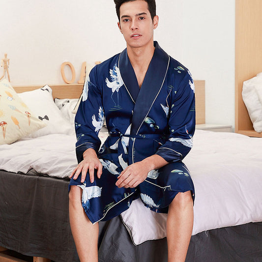Long-Sleeved Men's Silk-feel Robe