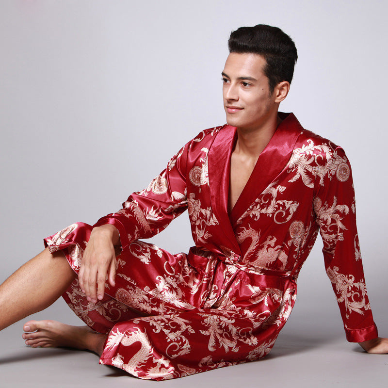 Men's Dragon Print Silk Robe