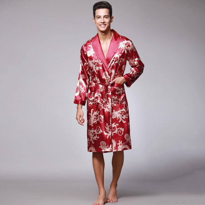 Men's Dragon Print Silk Robe