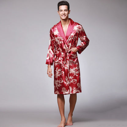 Men's Dragon Print Silk Robe
