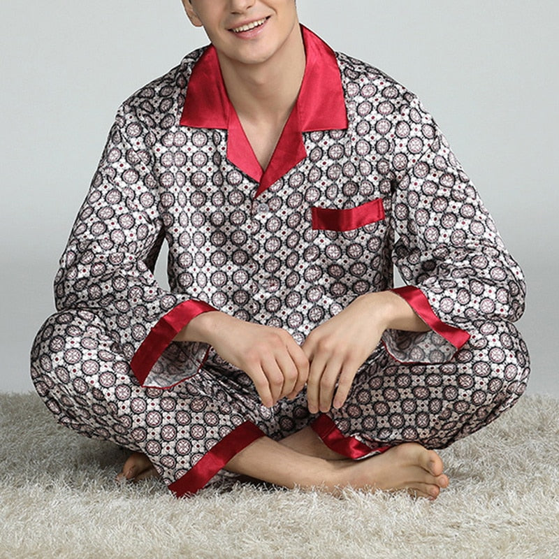 Men's Printed Retro Pattern Silk-feel Set