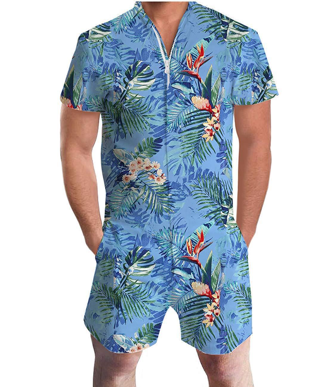 Hawaiian Leaf Patterned Short-sleeve Summer Jumpsuit
