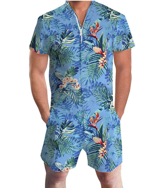 Hawaiian Leaf Patterned Short-sleeve Summer Jumpsuit