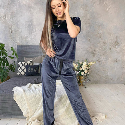 Faux Velvet Short-sleeved Pyjama Suit