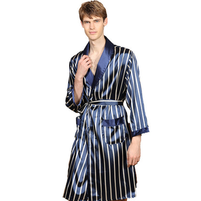 Men's Striped Long-Sleeved Silk-feel Robe