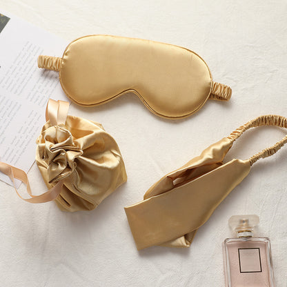 Three-piece Silk Feel Eye Mask Set with Hairband and Cloth Bag