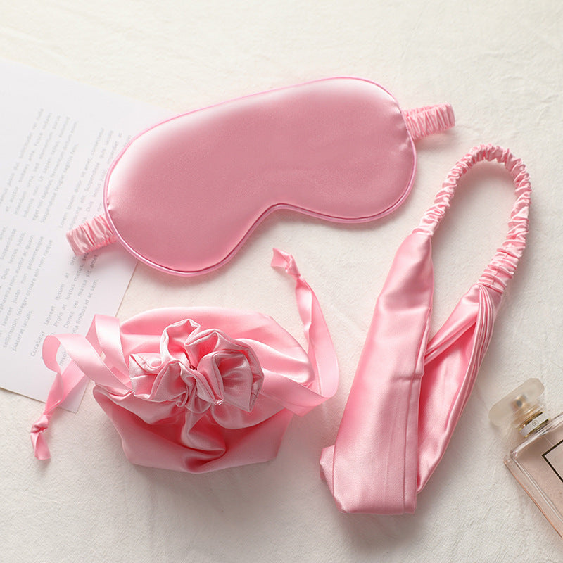 Three-piece Silk Feel Eye Mask Set with Hairband and Cloth Bag