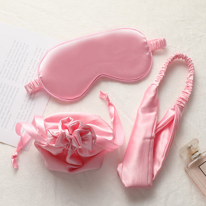 Three-piece Silk Feel Eye Mask Set with Hairband and Cloth Bag