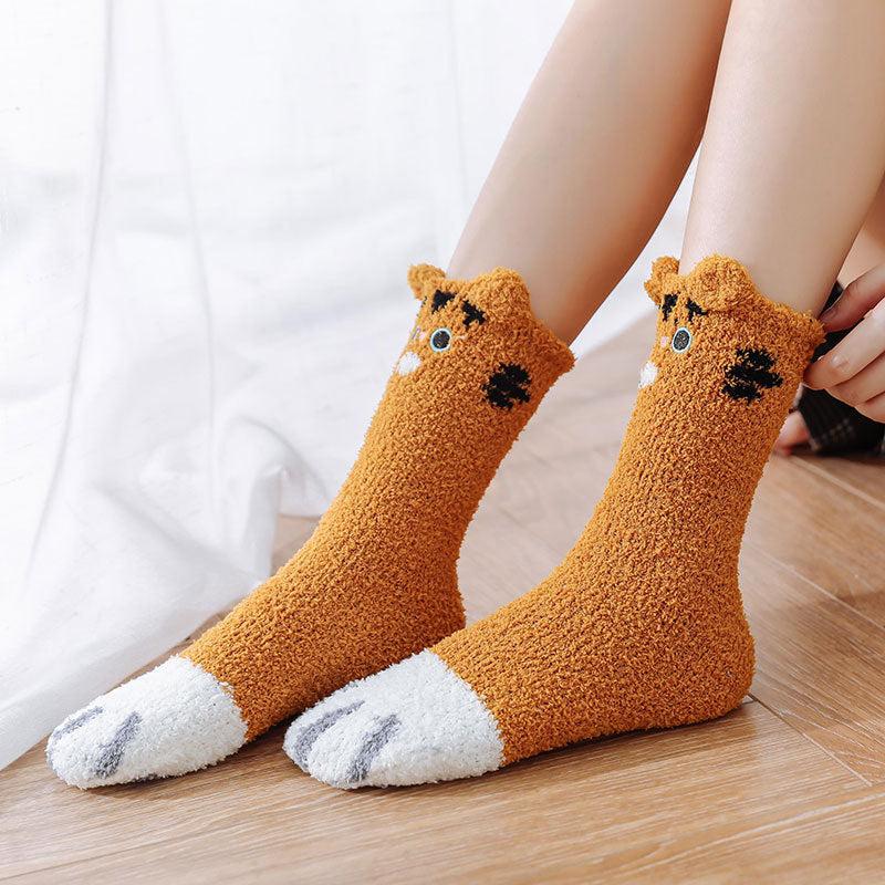 Coral Fleece Japanese Winter Sleep Embroidered Mid-calf Socks