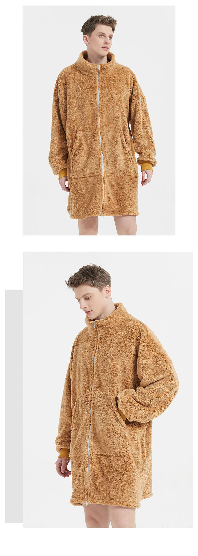 Men's Camel Fleece Zipper Oversize Robe