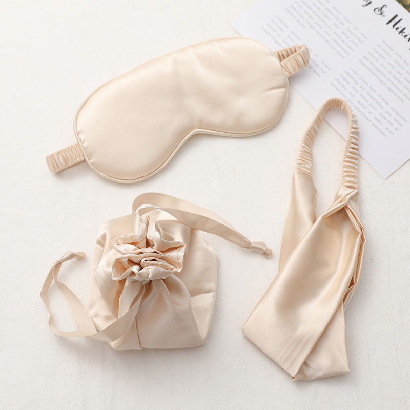 Three-piece Silk Feel Eye Mask Set with Hairband and Cloth Bag
