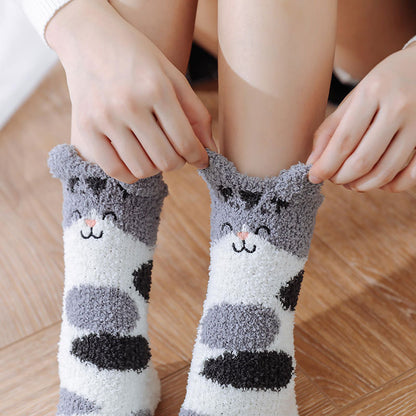Coral Fleece Japanese Winter Sleep Embroidered Mid-calf Socks